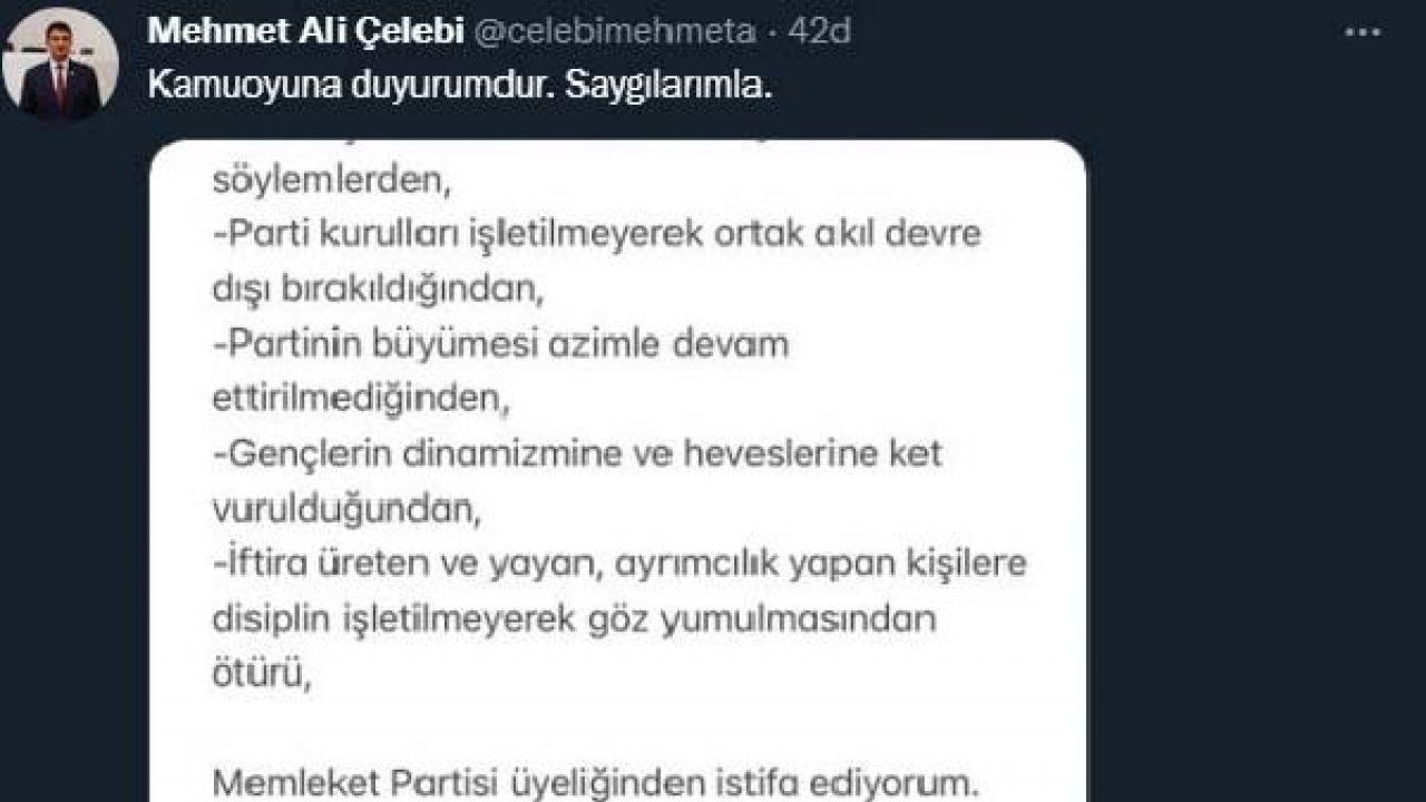İzmir Milletvekili Mehmet Ali Çelebi, Memleket Partisi'nden istifa etti