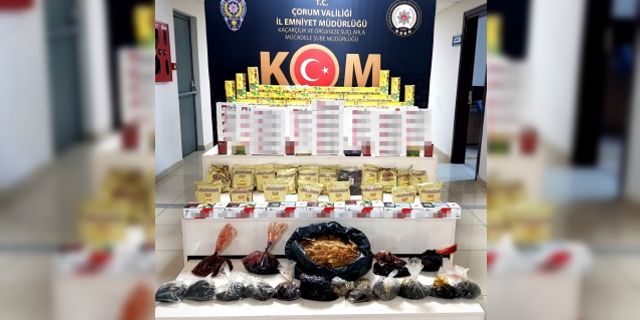 Çorum'da kaçak 24 kilogram nargile tütünü ve 11 bin 600 makaron ele geçirildi