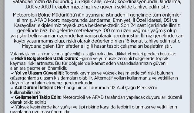 Rize'de sağanak sonrası heyelan riski; mahsur kalan 5 kişi kurtarıldı, 16 konut tahliye edildi